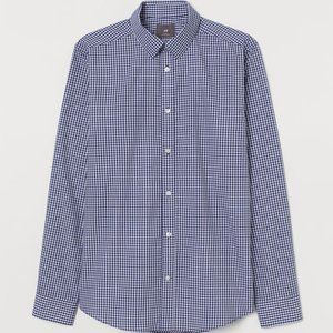 H&M Slim Fit Easy-Iron Shirt - Dark blue/white checked